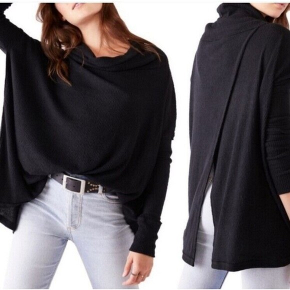 Free People Tops - Free People Top Juicy Long Sleeve Size M oversized BLACK NWT Waffle Knit Cowl